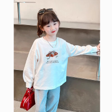 批发纯棉 带螺纹袖口女童长袖T恤秋装新款儿童洋气圆领百搭t恤
