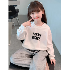 批发纯棉 带螺纹袖口女童长袖T恤新款<b class='q'>儿童</b>洋气圆领百搭t恤