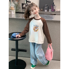 批发纯棉女童插肩长袖T恤新款<b class='q'>儿童</b>宽松洋气T恤拼色百搭上衣