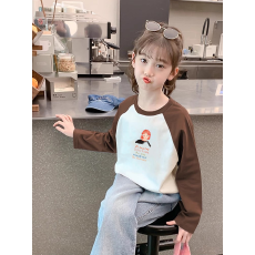 批发纯棉女童插肩长袖T恤新款<b class='q'>儿童</b>宽松洋气T恤拼色百搭上衣