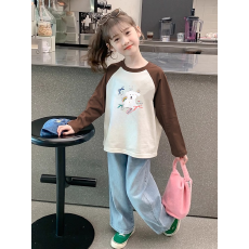 批发纯棉女童插肩长袖T恤新款<b class='q'>儿童</b>宽松洋气T恤拼色百搭上衣