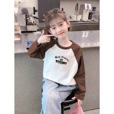 批发纯棉女童插肩长袖T恤新款<b class='q'>儿童</b>宽松洋气T恤拼色百搭上衣