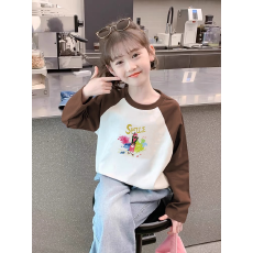 批发纯棉女童插肩长袖T恤新款<b class='q'>儿童</b>宽松洋气T恤拼色百搭上衣