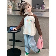 批发纯棉女童插肩长袖T恤新款<b class='q'>儿童</b>宽松洋气T恤拼色百搭上衣