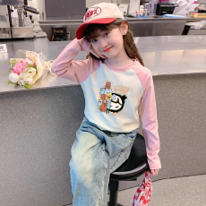 批发纯棉<b class='q'>女</b><b class='q'>童</b>插肩长袖T恤新款儿童宽松洋气T恤拼色<b class='q'>百搭</b>上衣