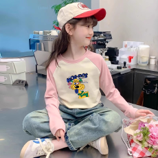 批发纯棉<b class='q'>女</b><b class='q'>童</b>插肩长袖T恤新款儿童宽松洋气T恤拼色<b class='q'>百搭</b>上衣