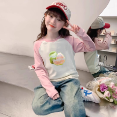 批发纯棉<b class='q'>女</b><b class='q'>童</b>插肩长袖T恤新款儿童宽松洋气T恤拼色<b class='q'>百搭</b>上衣