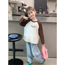 纯棉女童插肩长袖T恤新款儿童宽松洋气T恤拼色百搭上衣