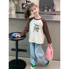 纯棉女童插肩长袖T恤新款儿童宽松洋气T恤拼色百搭上衣