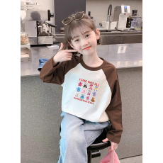 纯棉女童插肩长袖T恤新款儿童宽松洋气T恤拼色百搭上衣