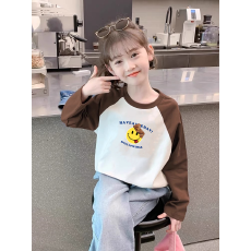纯棉女童插肩长袖T恤新款儿童宽松洋气T恤拼色百搭上衣