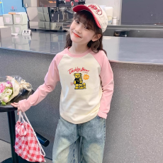 纯棉女童插肩长袖T恤新款儿童宽松洋气T恤拼色百搭上衣