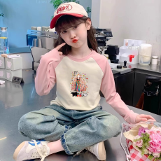 纯棉女童插肩长袖T恤新款儿童宽松洋气T恤拼色百搭上衣