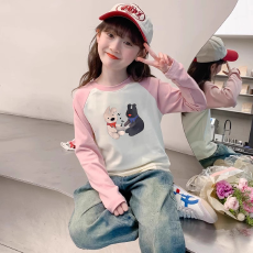 纯棉女童插肩长袖T恤新款儿童宽松洋气T恤拼色百搭上衣