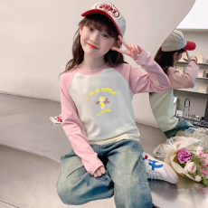 纯棉女童插肩长袖T恤新款儿童宽松洋气T恤拼色百搭上衣