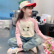 纯棉女童插肩长袖T恤新款儿童宽松洋气T恤拼色百搭上衣