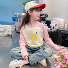 纯棉女童插肩长袖T恤新款儿童宽松洋气T恤拼色百搭上衣