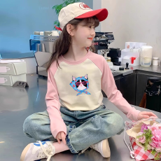 批发纯棉<b class='q'>女童</b>插肩<b class='q'>长袖</b>T恤新款儿童宽松洋气T恤拼色百搭上衣