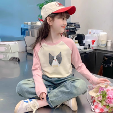 批发纯棉<b class='q'>女童</b>插肩<b class='q'>长袖</b>T恤新款儿童宽松洋气T恤拼色百搭上衣