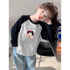 纯棉女童插肩长袖T恤新款儿童宽松洋气T恤拼色百搭上衣