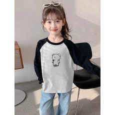 纯棉女童插肩长袖T恤新款儿童宽松洋气T恤拼色百搭上衣