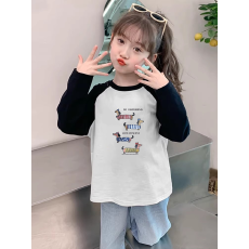 纯棉女童插肩长袖T恤新款儿童宽松洋气T恤拼色百搭上衣