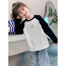 纯棉女童插肩长袖T恤新款儿童宽松洋气T恤拼色百搭上衣