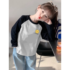 纯棉女童插肩长袖T恤新款儿童宽松洋气T恤拼色百搭上衣