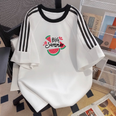 批发纯棉夏季新款中<b class='q'>大</b><b class='q'>童</b>女<b class='q'>童</b><b class='q'>短袖</b><b class='q'>T</b><b class='q'>恤</b>印花休闲圆领三条杠上衣