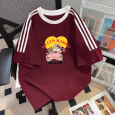 批发纯棉夏季新款中<b class='q'>大</b><b class='q'>童</b>女<b class='q'>童</b><b class='q'>短袖</b><b class='q'>T</b><b class='q'>恤</b>印花休闲圆领三条杠上衣