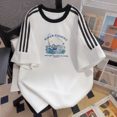 批发纯棉<b class='q'>夏</b>季新款中大童女童短袖T恤印花休闲圆领三条杠上衣