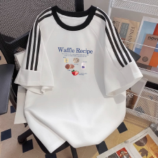 批发纯棉<b class='q'>夏</b>季新款中大童女童短袖T恤印花休闲圆领三条杠上衣