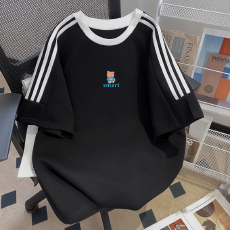 批发纯棉<b class='q'>夏</b>季新款中大童女童短袖T恤印花休闲圆领三条杠上衣