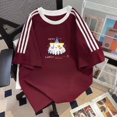 批发纯棉<b class='q'>夏</b>季新款中大童女童短袖T恤印花休闲圆领三条杠上衣