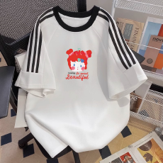 批发纯棉<b class='q'>夏</b>季新款中大童女童短袖T恤印花休闲圆领三条杠上衣