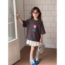 批发纯棉女童韩版洋气短袖T恤夏装新款百搭圆领印花休闲上衣潮