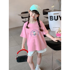 批发纯棉女童韩版洋气短袖T恤夏装新款百搭圆领印花休闲上衣潮