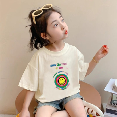 批发纯棉女童韩版洋气短袖T恤夏装新款百搭圆领印花休闲上衣潮