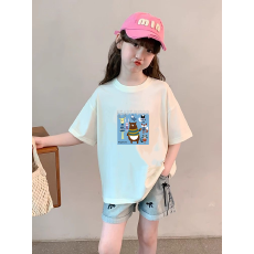 批发纯棉女童韩版洋气短袖T恤夏装新款百搭圆领印花休闲上衣潮