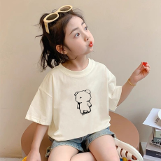 批发纯棉女童韩版洋气短袖T恤<b class='q'>夏</b>装新款百搭圆领印花休闲上衣潮