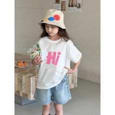 批发纯棉女童韩版洋气短袖T恤<b class='q'>夏</b>装新款百搭圆领印花休闲上衣潮