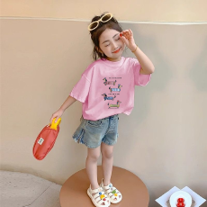 批发纯棉女童韩版洋气短袖T恤<b class='q'>夏</b>装新款百搭圆领印花休闲上衣潮