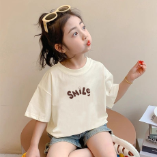 批发纯棉女童韩版洋气短袖T恤<b class='q'>夏</b>装新款百搭圆领印花休闲上衣潮