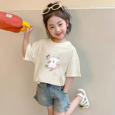 批发纯棉<b class='q'>女童</b><b class='q'>韩版</b>洋气短袖T恤夏装新款百搭圆领印花休闲上衣潮