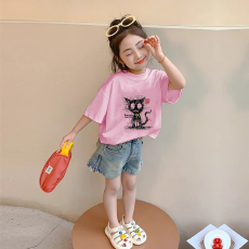 批发纯棉<b class='q'>女童</b><b class='q'>韩版</b>洋气短袖T恤夏装新款百搭圆领印花休闲上衣潮