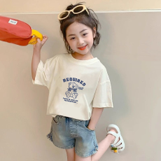 批发纯棉<b class='q'>女童</b><b class='q'>韩版</b>洋气短袖T恤夏装新款百搭圆领印花休闲上衣潮