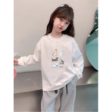 纯棉 带螺纹袖口女童长袖T恤新款儿童洋气圆领百搭t恤