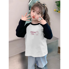 批发纯棉<b class='q'>女</b><b class='q'>童</b>插肩长袖T恤新款儿童宽松洋气T恤拼色<b class='q'>百搭</b>上衣