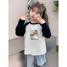 批发纯棉<b class='q'>女</b><b class='q'>童</b>插肩长袖T恤新款儿童宽松洋气T恤拼色<b class='q'>百搭</b>上衣