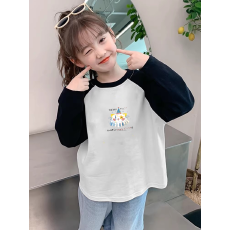 批发纯棉<b class='q'>女</b><b class='q'>童</b>插肩长袖T恤新款儿童宽松洋气T恤拼色<b class='q'>百搭</b>上衣